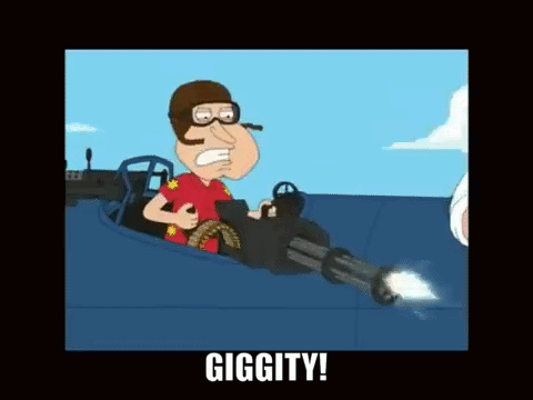 A Cartoon Of A Man Holding A Gun With The Words Giggity Written Below Him GIF