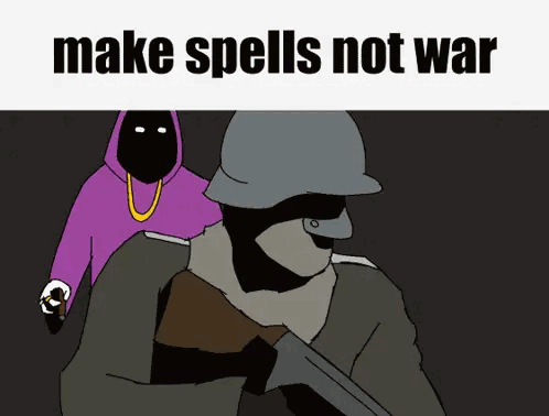 A Cartoon Of A Man Holding A Gun With The Words Make Spells Not War Above Him GIF
