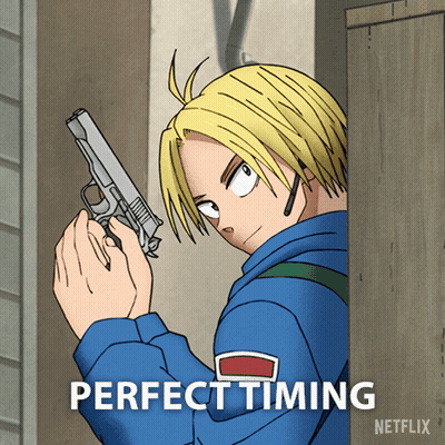 A Cartoon Of A Man Holding A Gun With The Words Perfect Timing Written Below Him GIF