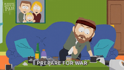 A Cartoon Of A Man Holding A Gun With The Words Prepare For War Above Him GIF