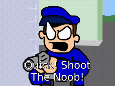 A Cartoon Of A Man Holding A Gun With The Words Quick Shoot The Noob GIF