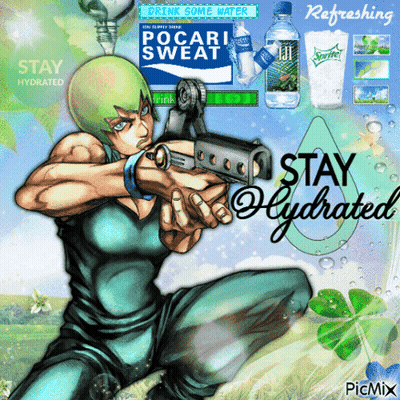 A Cartoon Of A Man Holding A Gun With The Words " Stay Hydrated " On The Bottom GIF