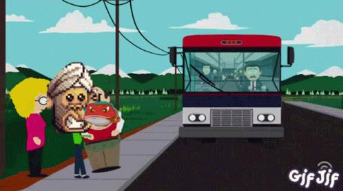 A Cartoon Of A Man Holding A Hamburger In Front Of A Bus With Gif Jif Written On The Bottom GIF