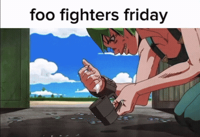 A Cartoon Of A Man Holding A Hammer With The Words Foo Fighters Friday Above Him GIF