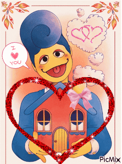 A Cartoon Of A Man Holding A Heart Shaped House With A Pink Bow GIF