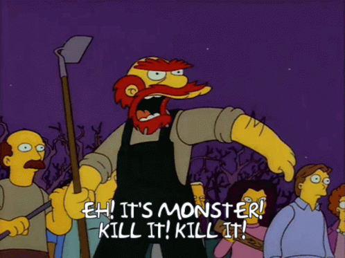 A Cartoon Of A Man Holding A Hoe With The Words " Eh It 'S Monster Kill It Kill It " GIF