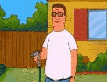 A Cartoon Of A Man Holding A Hose In Front Of A House GIF