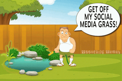 A Cartoon Of A Man Holding A Hose With A Speech Bubble That Says Get Off My Social Media Grass GIF
