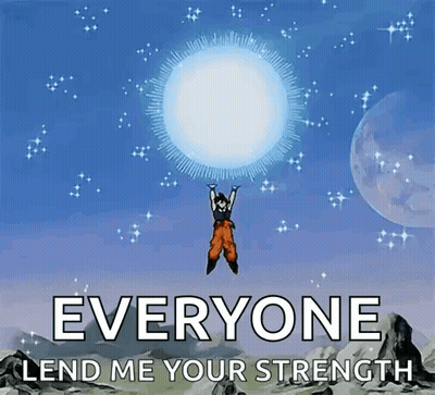 A Cartoon Of A Man Holding A Large Ball With The Words Everyone Lend Me Your Strength GIF