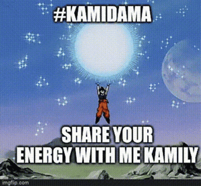A Cartoon Of A Man Holding A Large Ball With The Words `` Kamidama Share Your Energy With Me Kamily '' . GIF