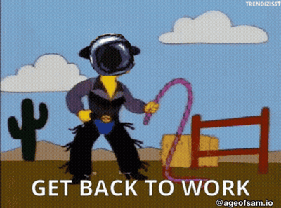 A Cartoon Of A Man Holding A Lasso With The Words Get Back To Work GIF