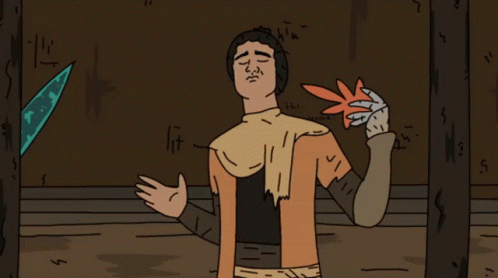 A Cartoon Of A Man Holding A Leaf With A Knife In The Background GIF
