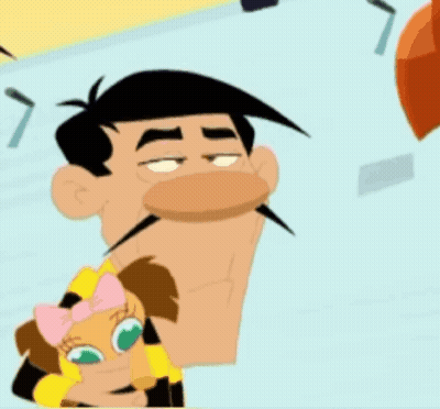 A Cartoon Of A Man Holding A Little Girl With A Bow On Her Head GIF