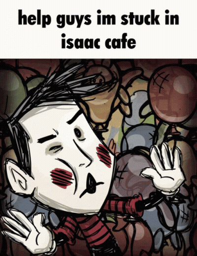 A Cartoon Of A Man Holding A Lollipop With The Words Help Guys Im Stuck In Isaac Cafe GIF