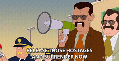 A Cartoon Of A Man Holding A Megaphone With The Words Release Those Hostages And Surrender Now GIF