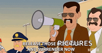 A Cartoon Of A Man Holding A Megaphone With The Words Release Those Picatures And Surrender Now GIF