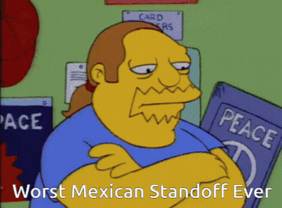 A Cartoon Of A Man Holding A Peace Sign Says Worst Mexican Standoff Ever GIF