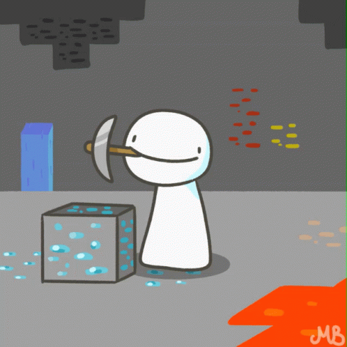 A Cartoon Of A Man Holding A Pickaxe Next To A Block With The Letters Mb On The Bottom GIF