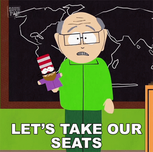 A Cartoon Of A Man Holding A Puppet With The Words Let 'S Take Our Seats Below Him GIF