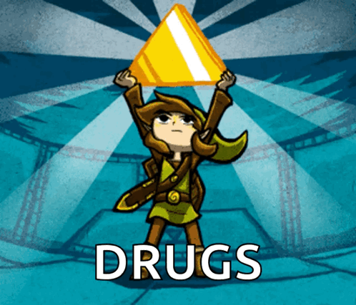 A Cartoon Of A Man Holding A Pyramid With The Words Drugs Below Him GIF