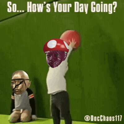 A Cartoon Of A Man Holding A Red Ball With The Words So How 'S Your Day Going On It GIF