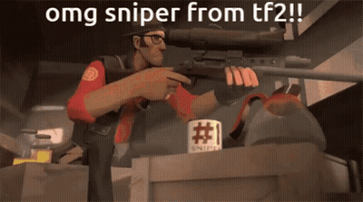 A Cartoon Of A Man Holding A Sniper Rifle With The Words Omg Sniper From Tf2 Below Him GIF