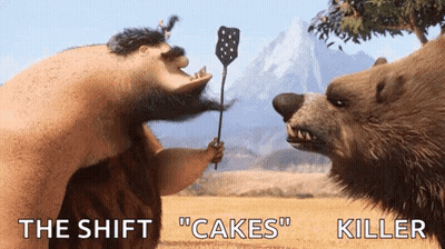 A Cartoon Of A Man Holding A Spatula With The Words " The Shift " Cakes " And " Killer " Written Below It GIF