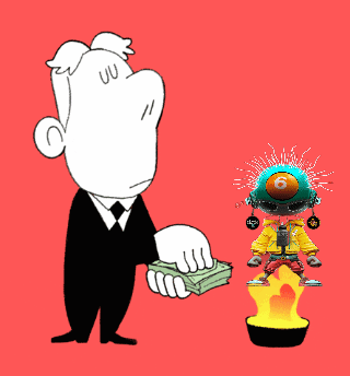 A Cartoon Of A Man Holding A Stack Of Money Next To A Cartoon Of A Robot With A Ball On His Head GIF