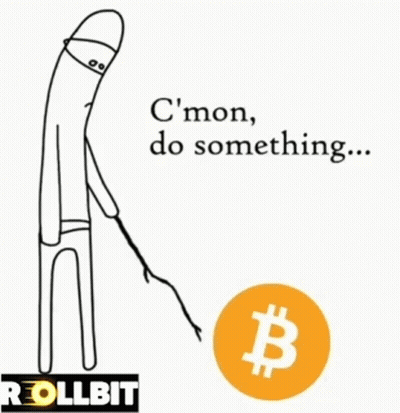 A Cartoon Of A Man Holding A Stick Next To A Bitcoin Sign That Says C ' Mon Do Something GIF