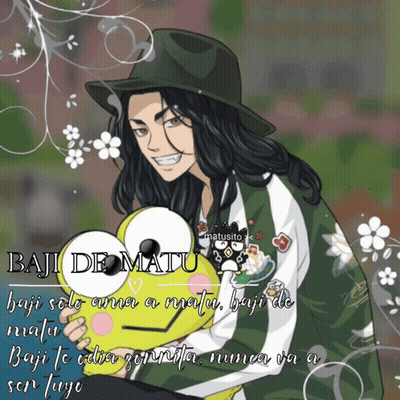 A Cartoon Of A Man Holding A Stuffed Animal That Says " Baji De Matu " On The Bottom GIF