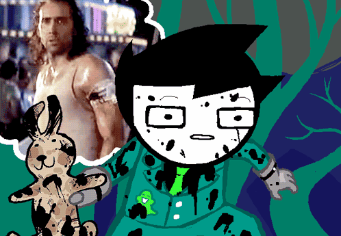 A Cartoon Of A Man Holding A Stuffed Animal With A Green Frog On It GIF