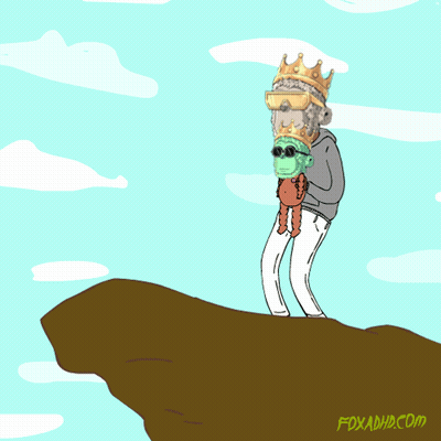 A Cartoon Of A Man Holding A Stuffed Monkey With A Crown On It GIF