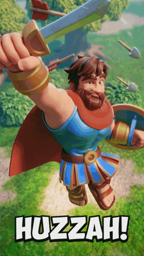 A Cartoon Of A Man Holding A Sword And Shield With The Words Huzzah Written Below Him GIF