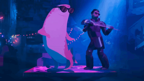 A Cartoon Of A Man Holding A Sword Dancing With A Shark Wearing Sunglasses GIF