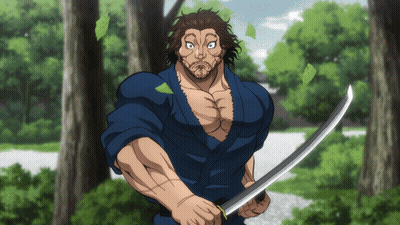 A Cartoon Of A Man Holding A Sword In A Forest GIF