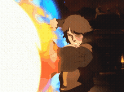 A Cartoon Of A Man Holding A Sword In Front Of A Large Fireball GIF