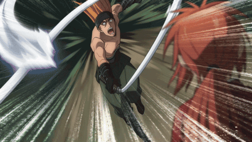 A Cartoon Of A Man Holding A Sword In The Air GIF