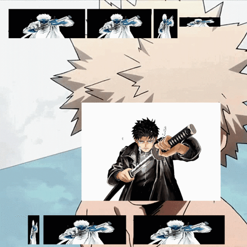 A Cartoon Of A Man Holding A Sword Is Surrounded By Other Images GIF