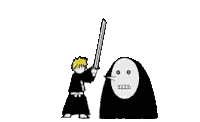 A Cartoon Of A Man Holding A Sword Standing Next To A Monster Sticker