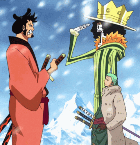 A Cartoon Of A Man Holding A Sword Standing Next To A Skeleton GIF
