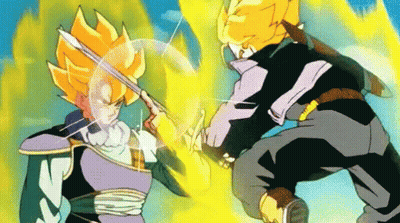 A Cartoon Of A Man Holding A Sword Standing Next To Another Man GIF