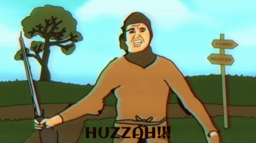 A Cartoon Of A Man Holding A Sword With The Word Huzzah Written Below Him GIF