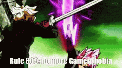 A Cartoon Of A Man Holding A Sword With The Words `` Rule 809 : No More Gamerphobia '' On It . GIF