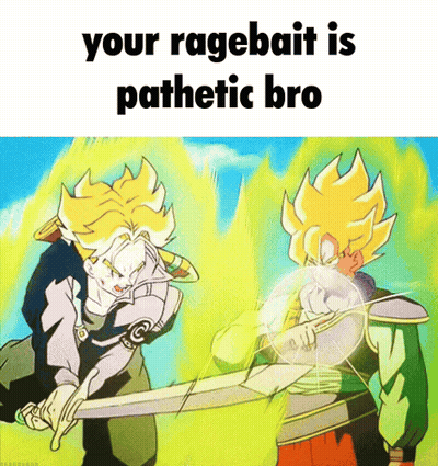 A Cartoon Of A Man Holding A Sword With The Words " Your Ragebait Is Pathetic Bro " GIF
