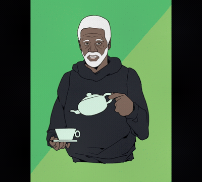 A Cartoon Of A Man Holding A Teapot And A Cup Of Tea GIF