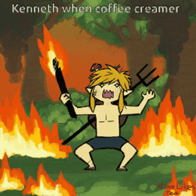A Cartoon Of A Man Holding A Torch And A Pitchfork With The Words Kenneth When Coffee Creamer GIF