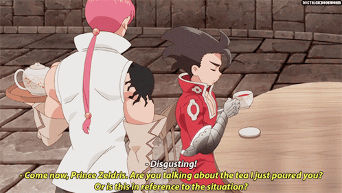A Cartoon Of A Man Holding A Tray Of Tea And Another Man Holding A Cup Of Tea GIF