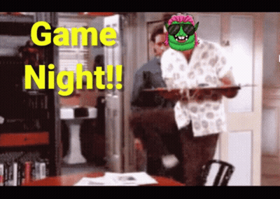 A Cartoon Of A Man Holding A Tray With The Words Game Night Below Him GIF