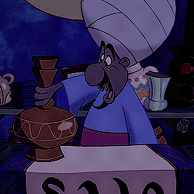 A Cartoon Of A Man Holding A Vase With The Letter S On A Table GIF