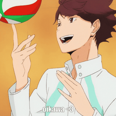 A Cartoon Of A Man Holding A Volleyball With The Words " Oikawa < 3 " Below Him GIF